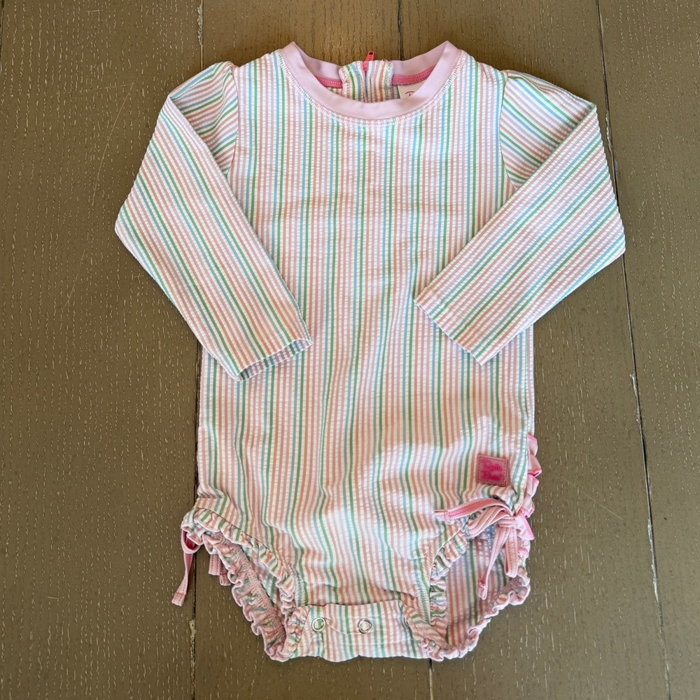 Ruffle Butts Girls’ Pink Pastel Seersucker Long-Sleeve Swimsuit • Size: 18-24M - Picture 6 of 10